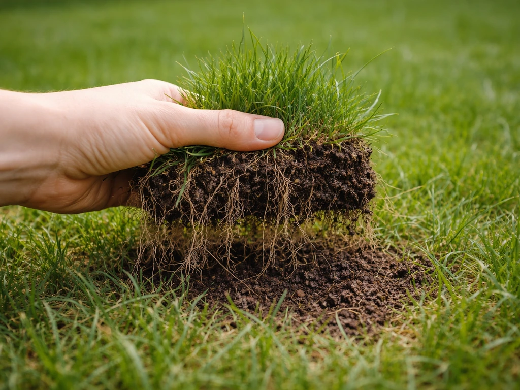 Une main tire une motte d’herbe qui se soulève du sol, racines fines visibles.