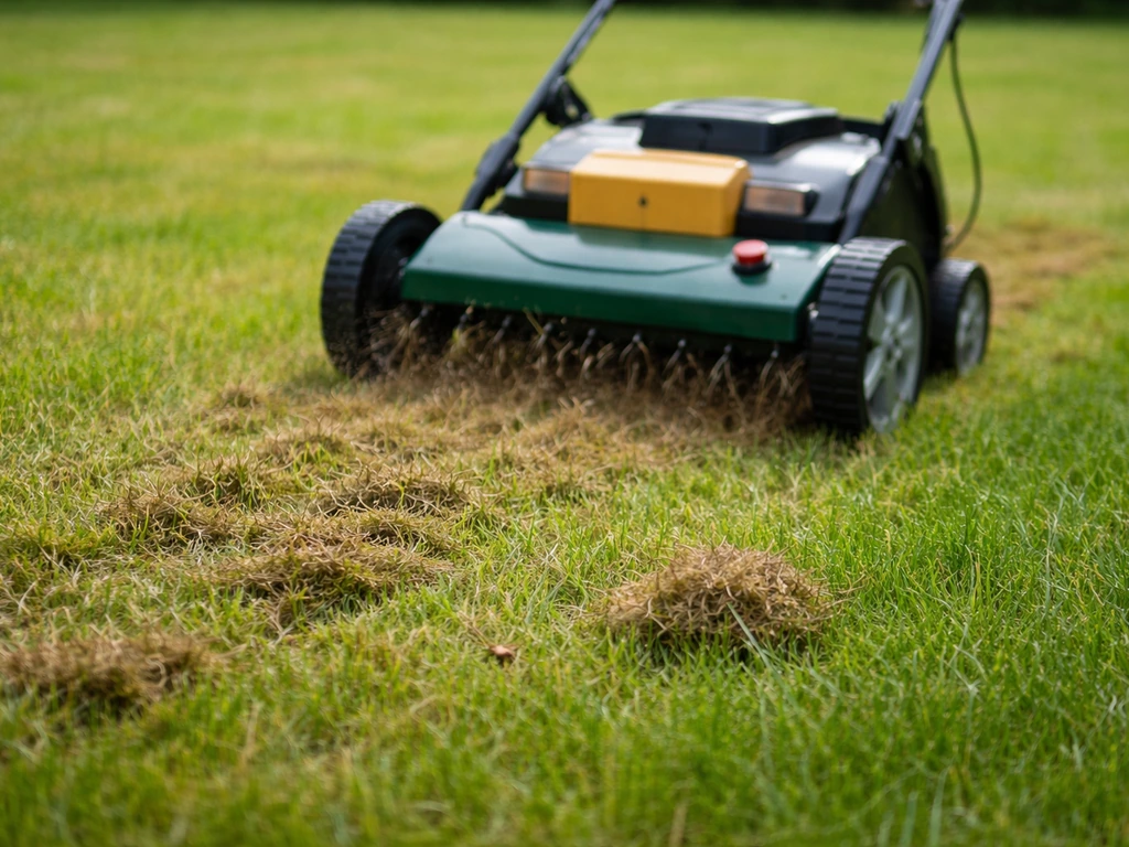 Scarificateur tracté sur pelouse verte, brosses soulevant le feutrage, vue au sol jardin.