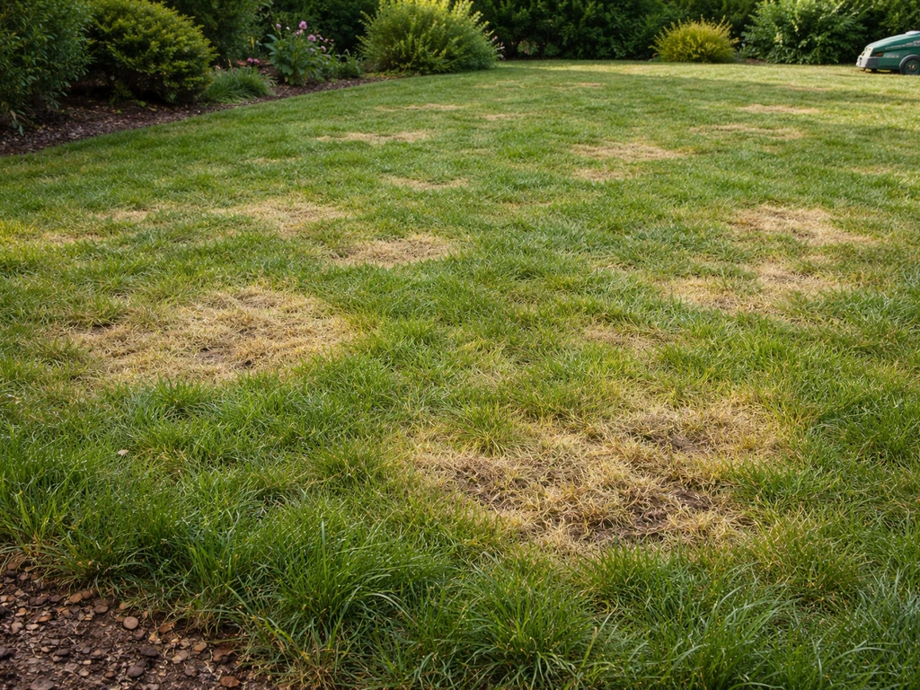 Pelouse française avec plaques et taches circulaires, jardin et outils de tonte au premier plan