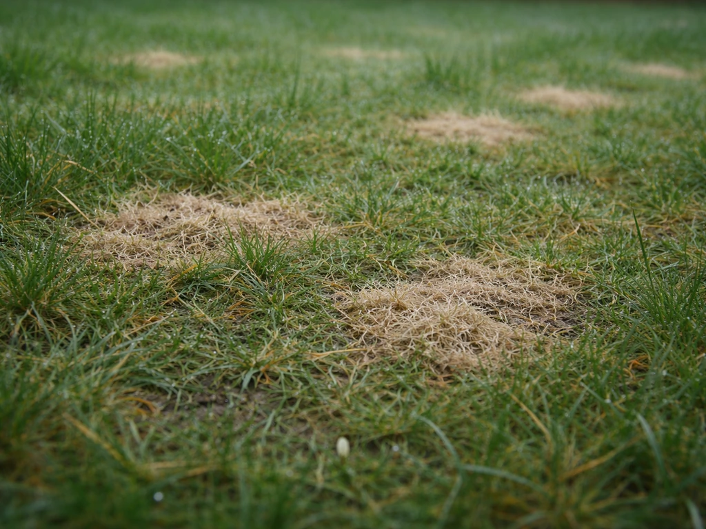 Pelouse dégradée avec petites taches beige-brunâtre typiques de la fusariose froide, par temps humide et frais.