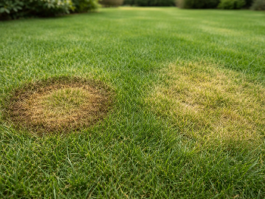Pelouse avec deux zones distinctes : anneau net de tache fongique et plaque diffuse de carence, vue rapprochée.