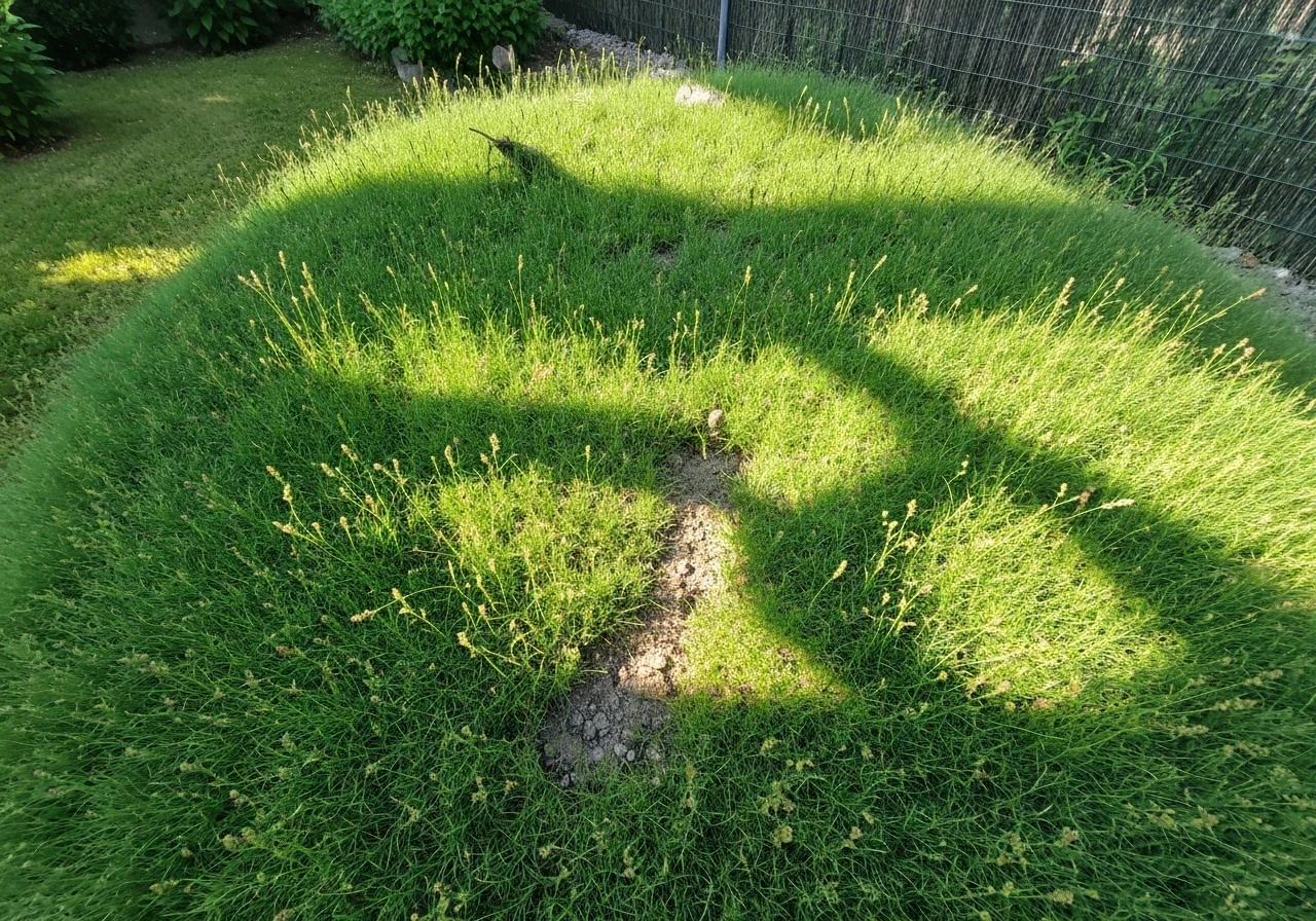 Vue d’une pelouse en été avec des clairières irrégulières et de l’herbe clairsemée, évoquant les dégâts des mites de gaz