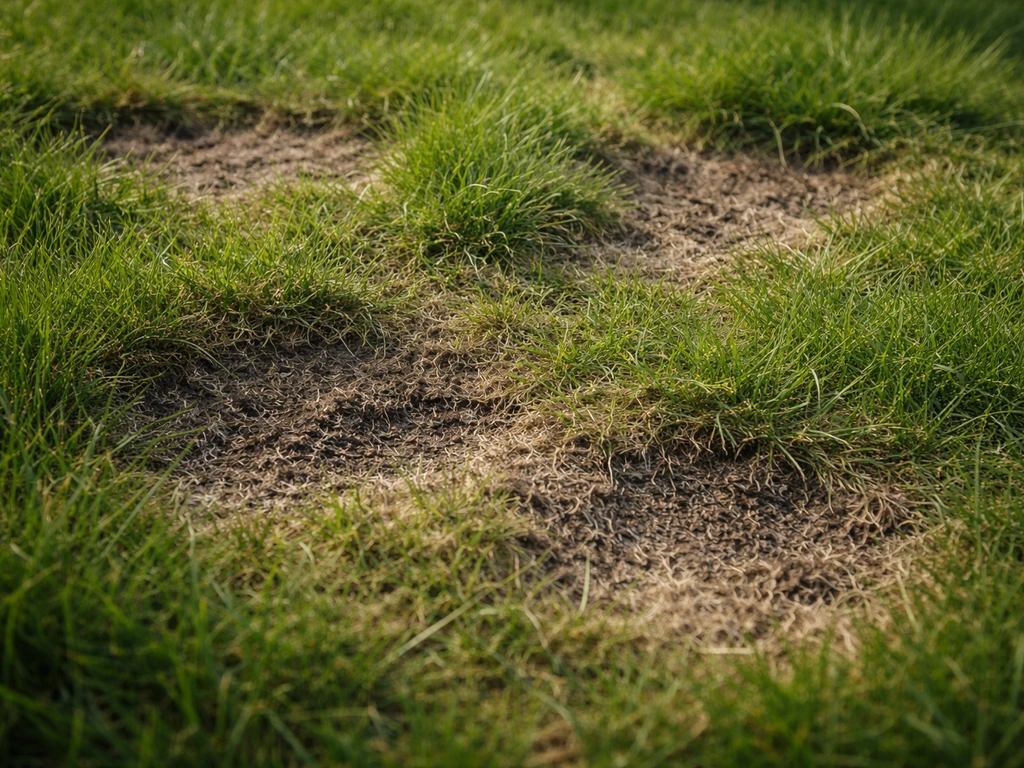 Pelouse éclaircie avec zones abîmées et feutrage sombre, aspect “grignoté” typique des mites.
