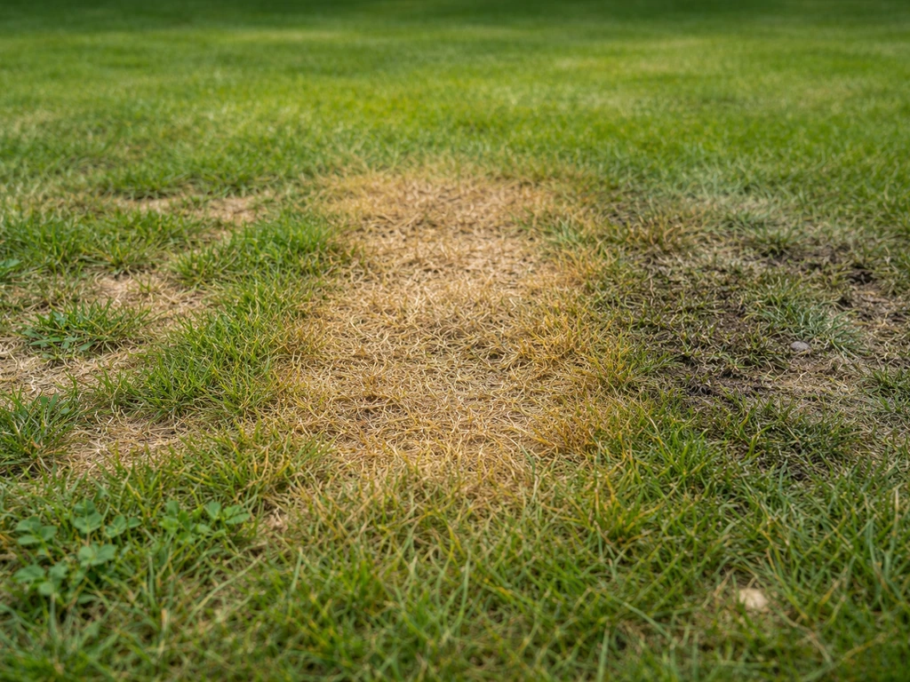 Gazon dégradé montrant zones distinctes de dégâts, évoquant larves de mites, sécheresse et maladie fongique.