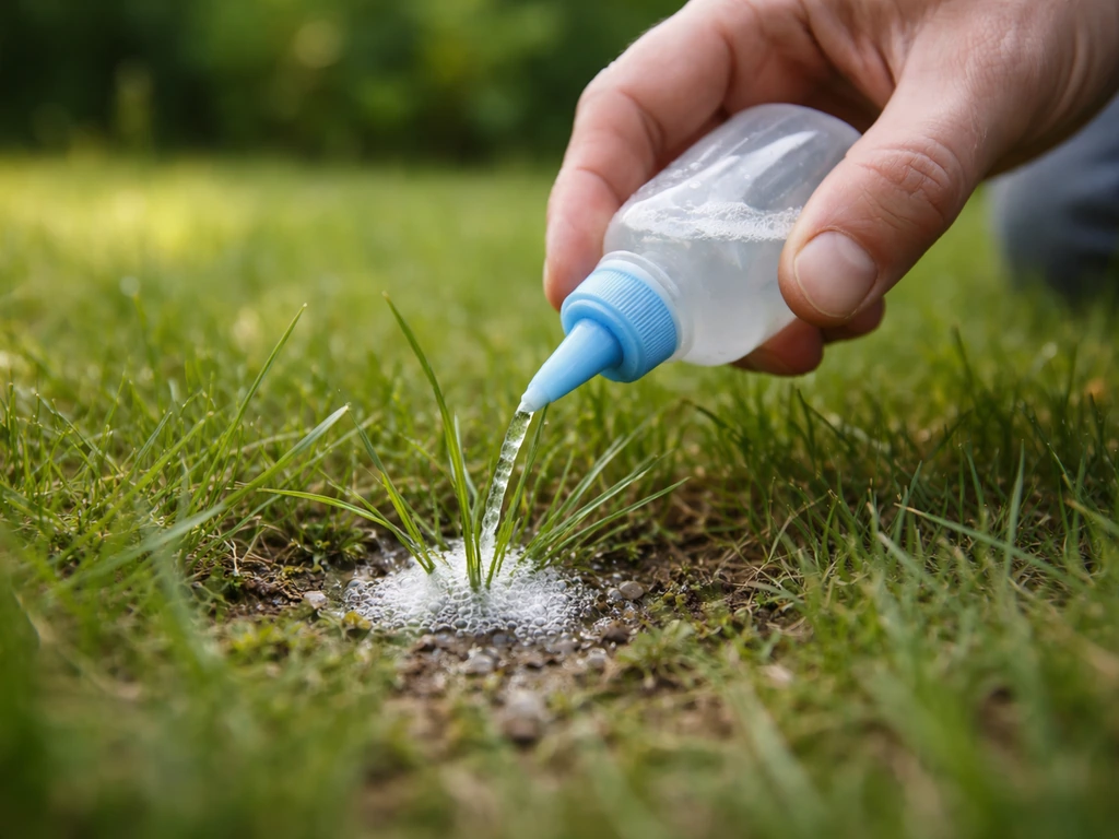 Main tenant une bouteille vaporisatrice, versant de l’eau savonneuse au pied d’un brin d’herbe sur une pelouse