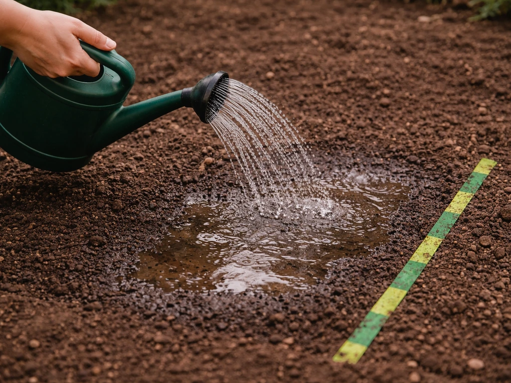 Un arrosoir arrose une zone de sol humide au jardin, pour l’application de nématodes entomopathogènes.