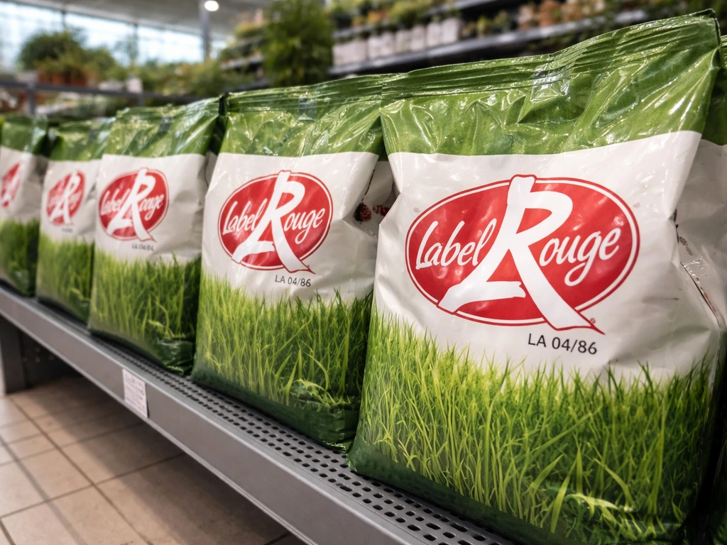 Gros plan sur l’emballage en rayon avec le logo officiel Label Rouge rouge et un numéro d’homologation
