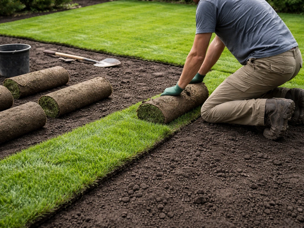 Pose de rouleaux de gazon sur une terre décompactée, jardin résidentiel, mains en action, sans texte.