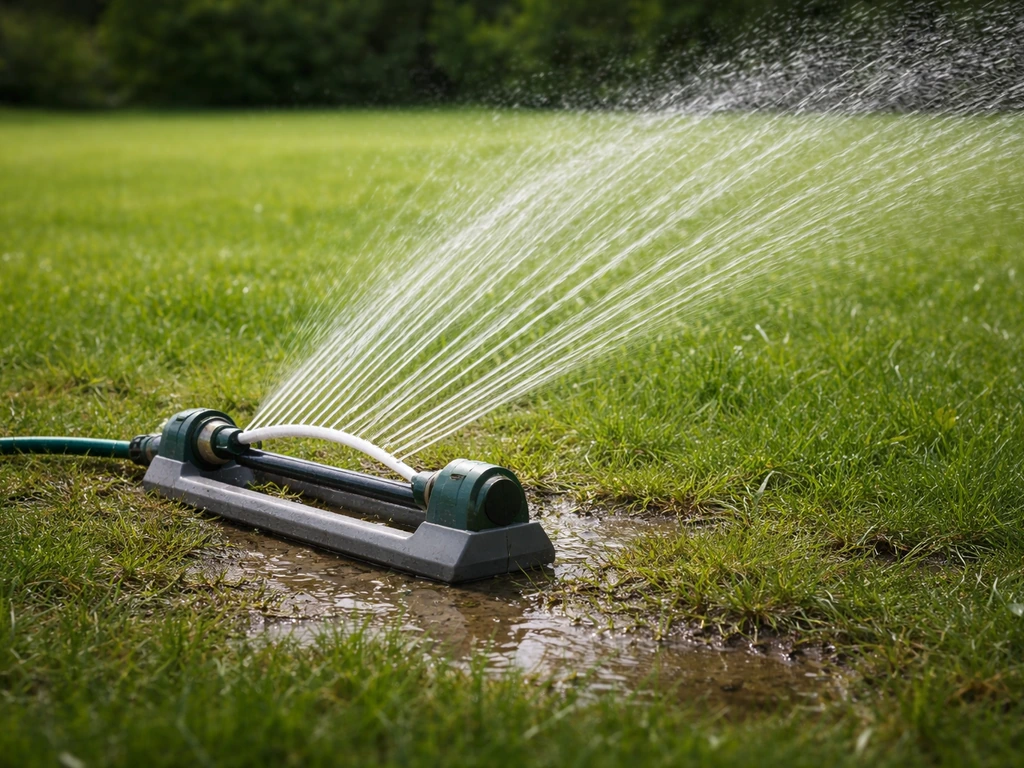 Arroseur de jardin arrosant le sol pendant un arrosage profond et espacé, pelouse verte en arrière-plan.