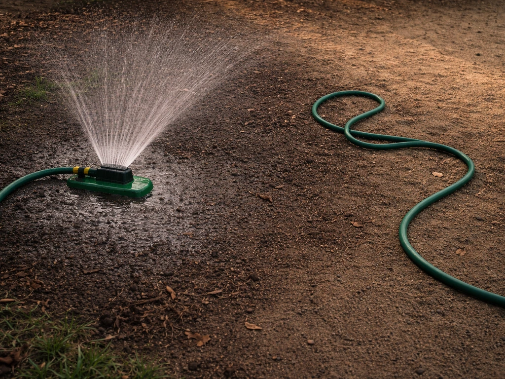 Arrosage matinal dans un jardin : sol humide près de l’arroseur, zone plus sèche autour.