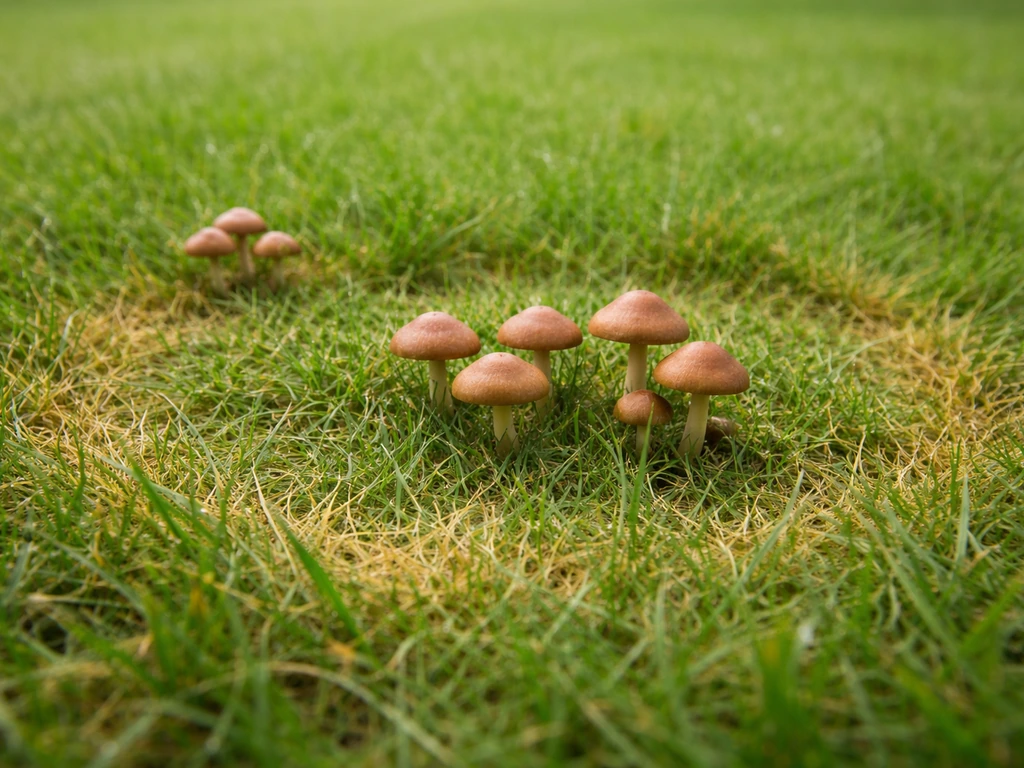 Vue rapprochée d’une pelouse avec quelques champignons de gazon et un léger début de dégâts.