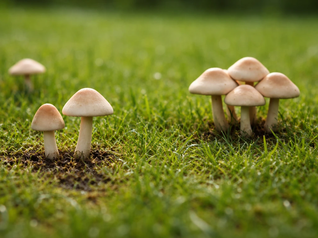 Champignons sur pelouse, certains isolés et d’autres en petits groupes, vus de près pour comparer les silhouettes.