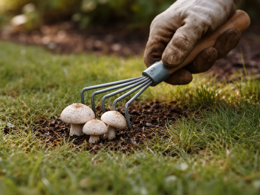 Une main gantée ramasse des champignons sur une pelouse avec un petit râteau, jardin au soleil du matin.