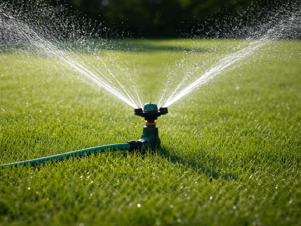Arroseur de pelouse le matin, sol vert légèrement humide, arrosage contrôlé et profond
