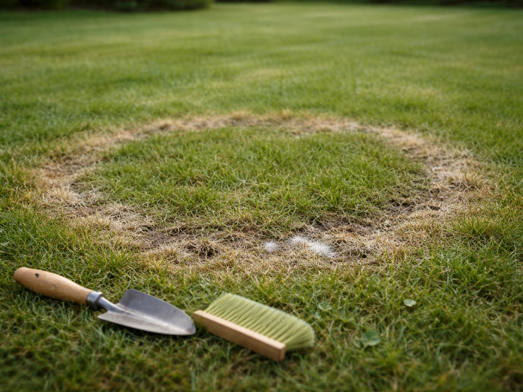Gazon montrant une zone en anneau en voie de dépérissement, près d’un outil de jardin, lumière naturelle.
