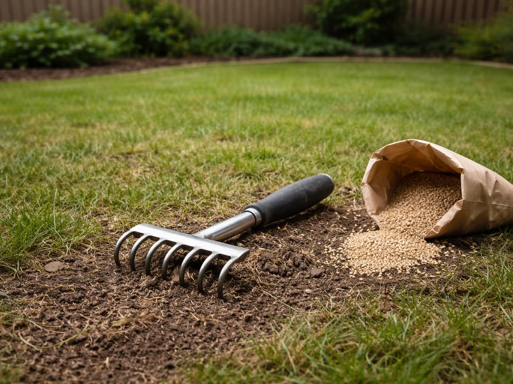 Pelouse de jardin au printemps avec outil de scarification légère, zones clairsemées et semences au sol.