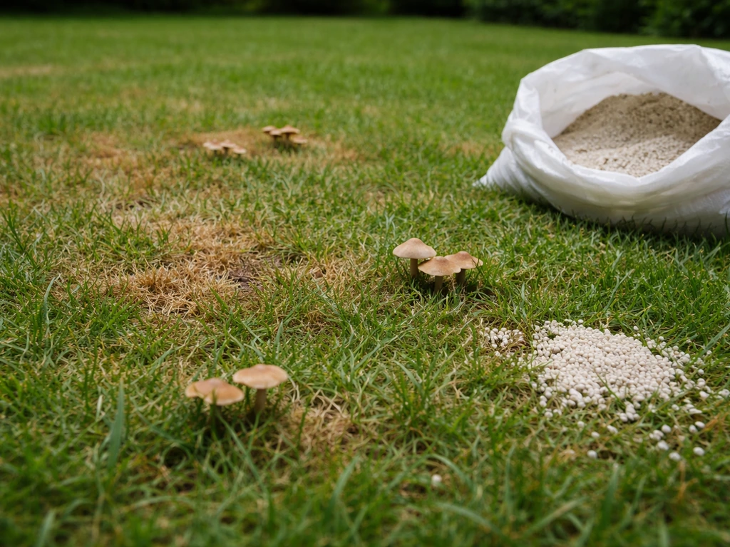 Pelouse française avec taches et champignons, sac de chaux au sol suggérant le chaulage