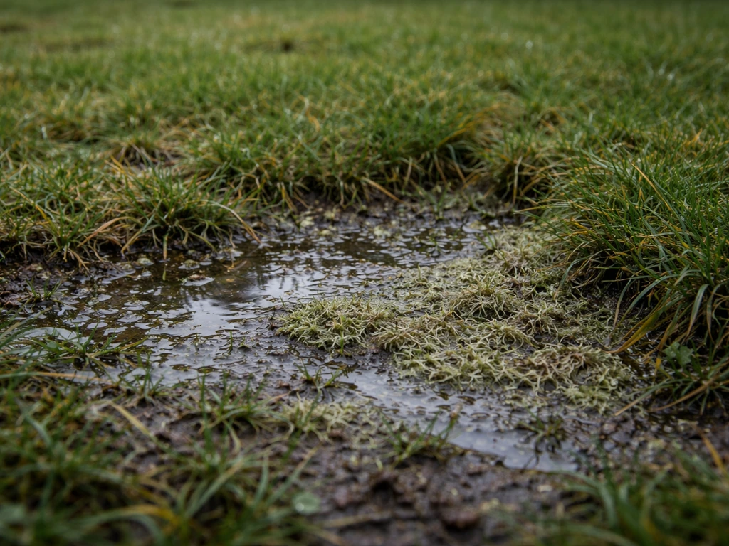 Gros plan d’une zone de pelouse détrempée, sol gorgé d’eau et feutrage au ras du gazon.