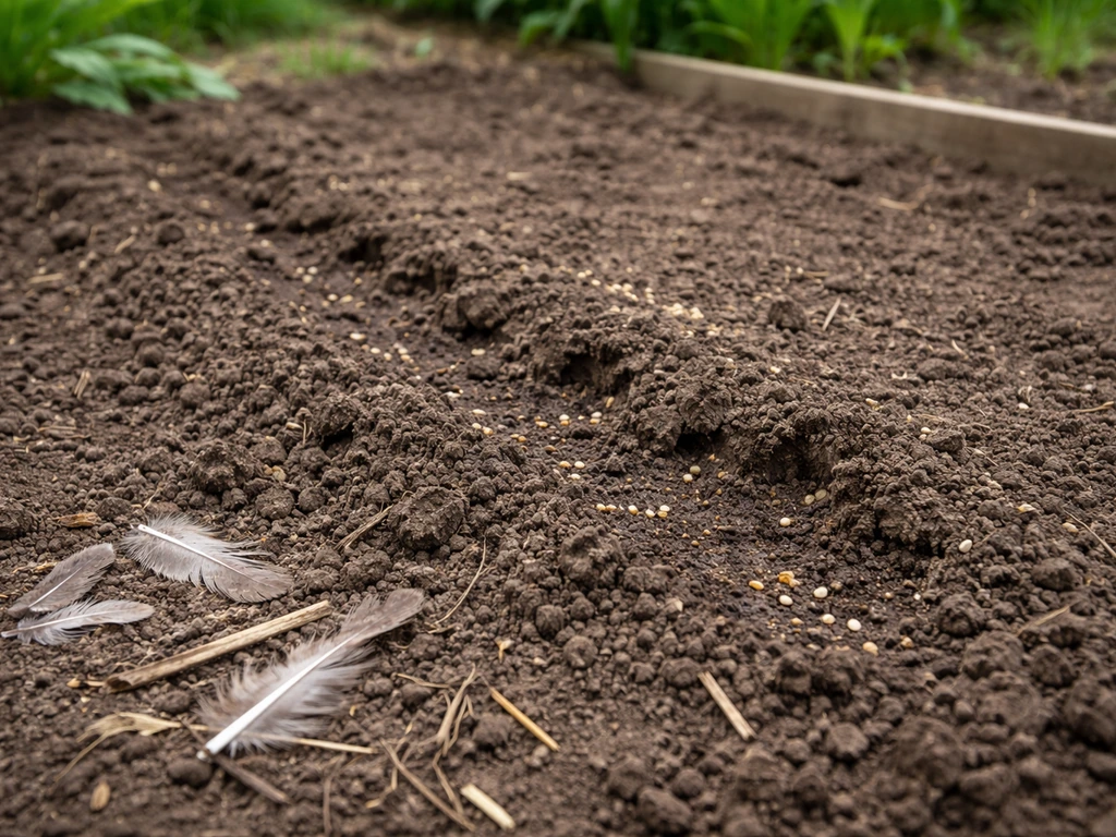 Zone de semis en terre fraîche avec graines disparues et traces de grattage typiques d’oiseaux.