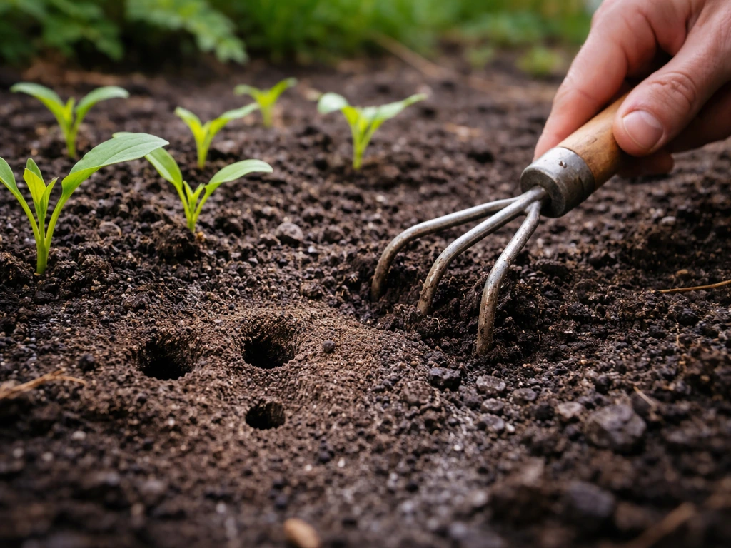 Semis de gazon au sol, jeunes pousses et entrées de fourmis, sol humide remué doucement avec une bêche près du semis.