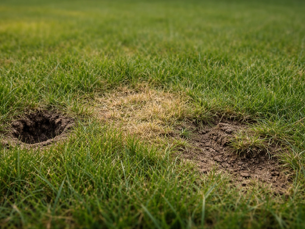 Gros plan de plusieurs zones abîmées dans une pelouse : trous, plaques irrégulières et brins arrachés.