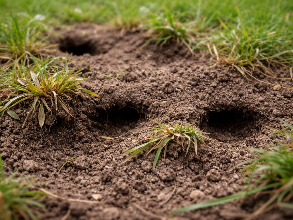 Gros plan sur de petits trous au sol avec galeries en surface et brins d’herbe flétris près du collet.