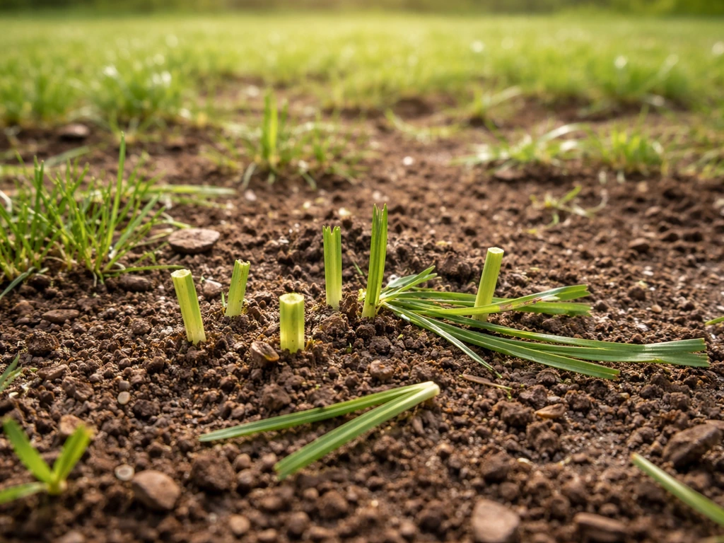 Jeunes pousses de gazon ressemées sectionnées au ras du sol avec plantules tombées sur la terre humide