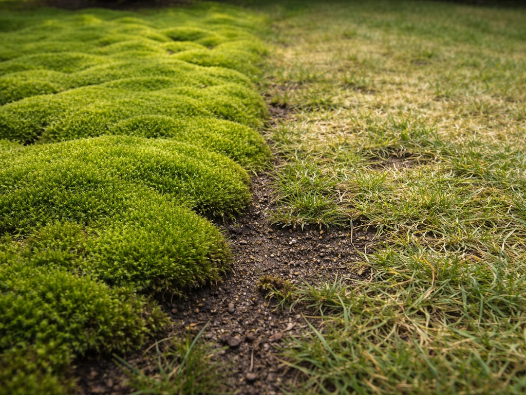 Jardin simple avec une zone de mousse dense et un gazon clairsemé, différence visuelle nette.