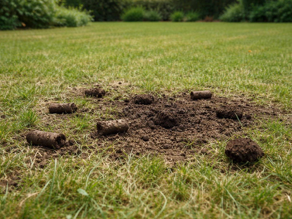 Aération d’une pelouse : godets de terre retirés avec une motte de sol et un gazon en arrière-plan.