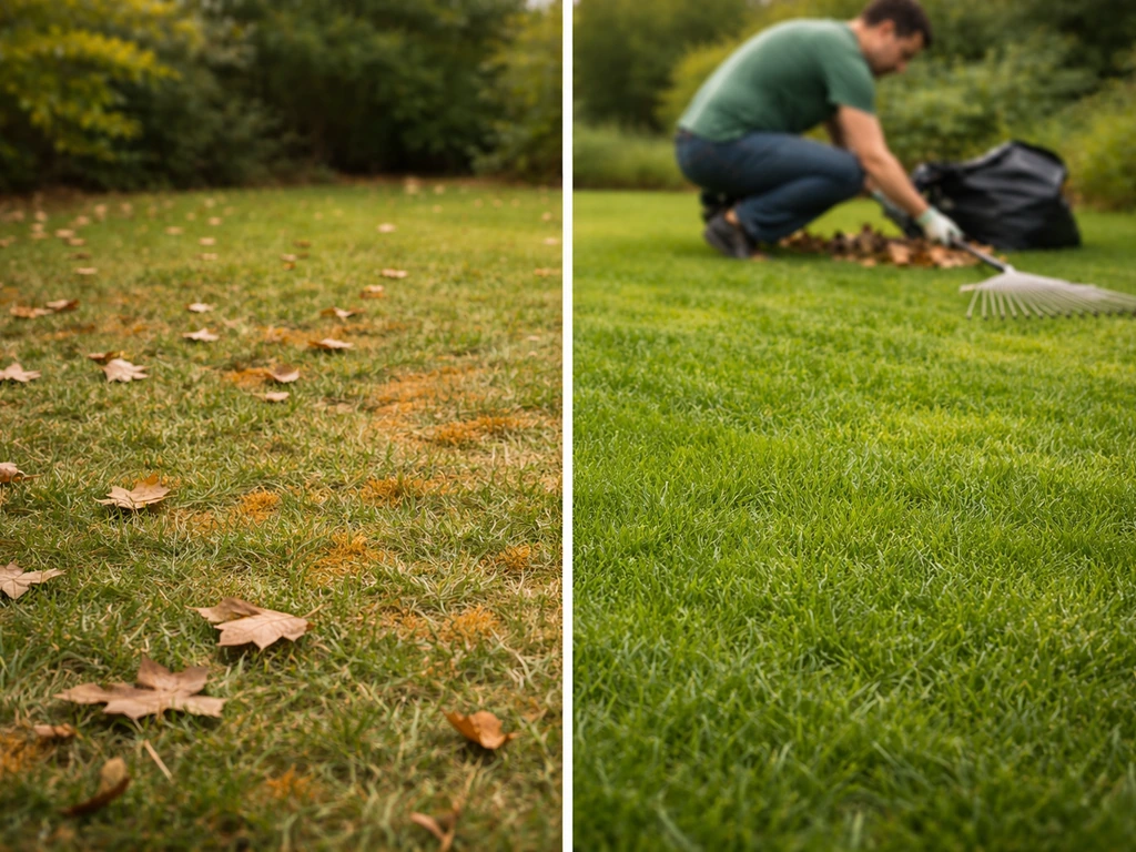 Avant/après sur la même pelouse : moins de plaques orangées après tonte ajustée et ramassage des feuilles malades.