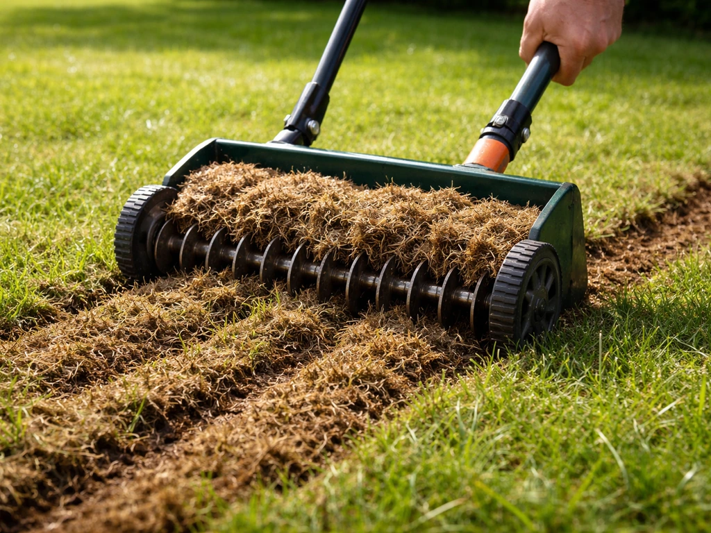 Scarificateur sur une pelouse : feutre humide retiré et zones aérées entre les brins d’herbe.