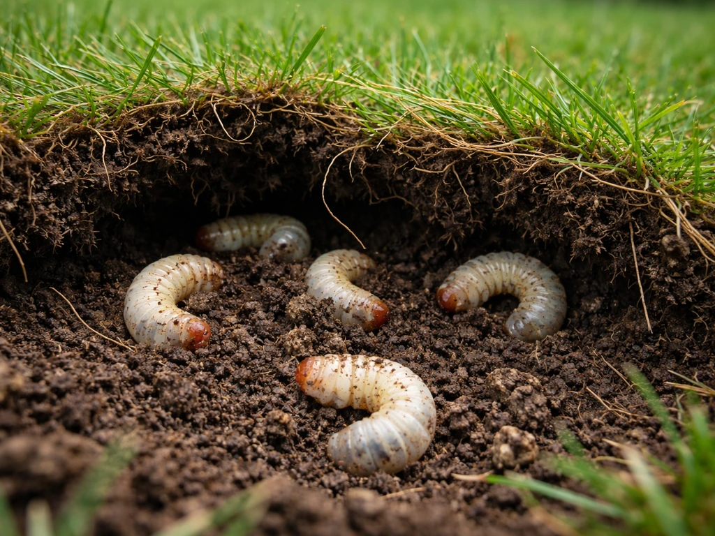 Inspection d’une pelouse : racines visibles dans la terre humide et larves blanches sous l’herbe