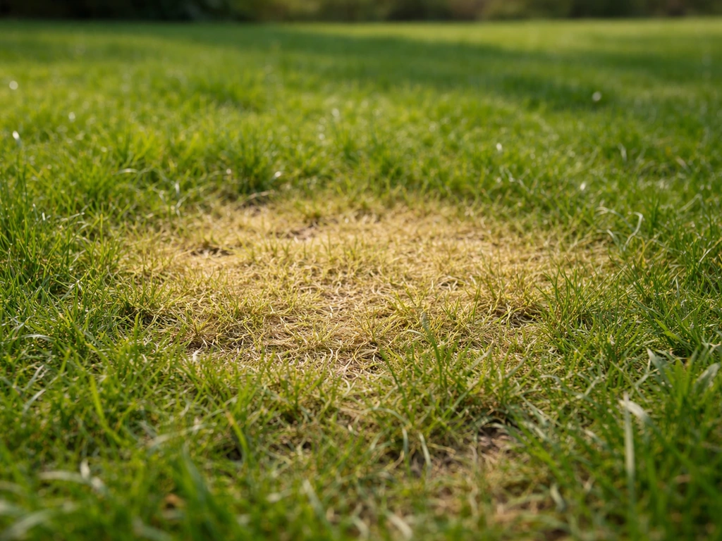 Gazon au printemps avec une plaque jaune bien visible au milieu du vert, vue au ras du sol.