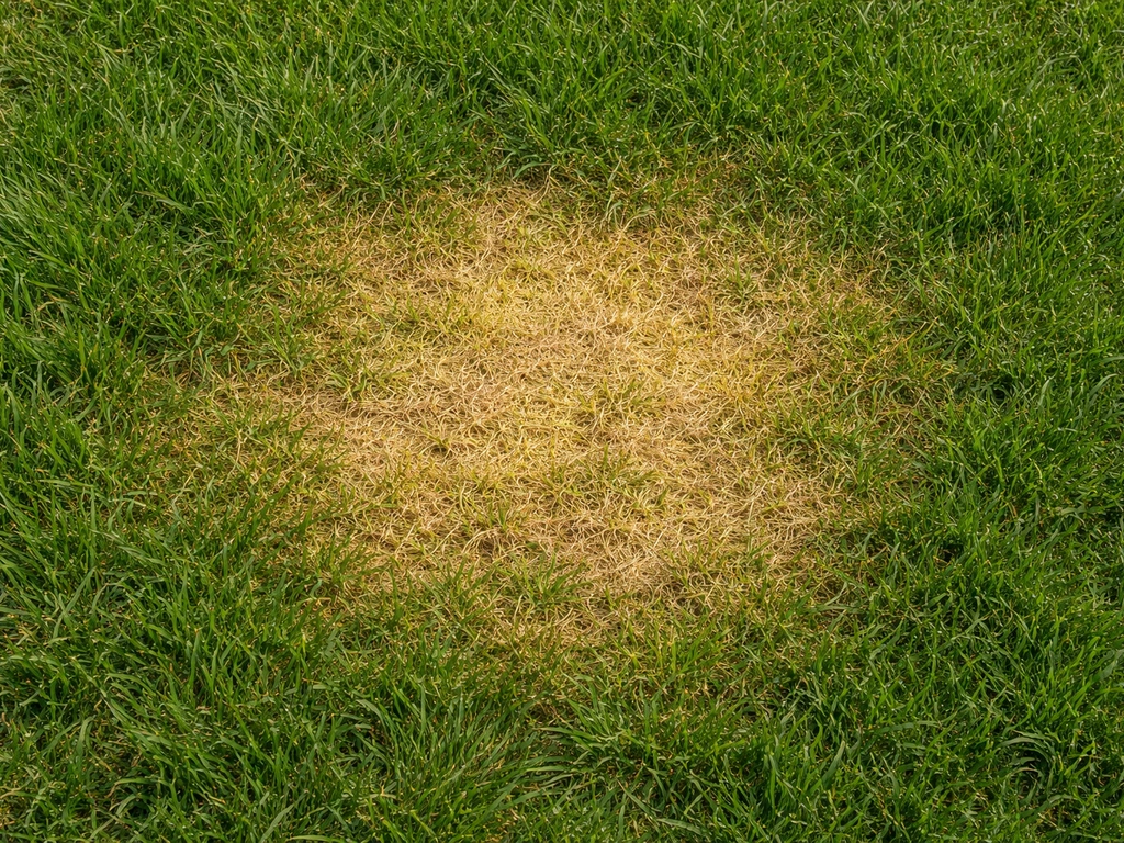 Gazon: plaque jaune au printemps vue de dessus, contrastant avec l’herbe verte autour.