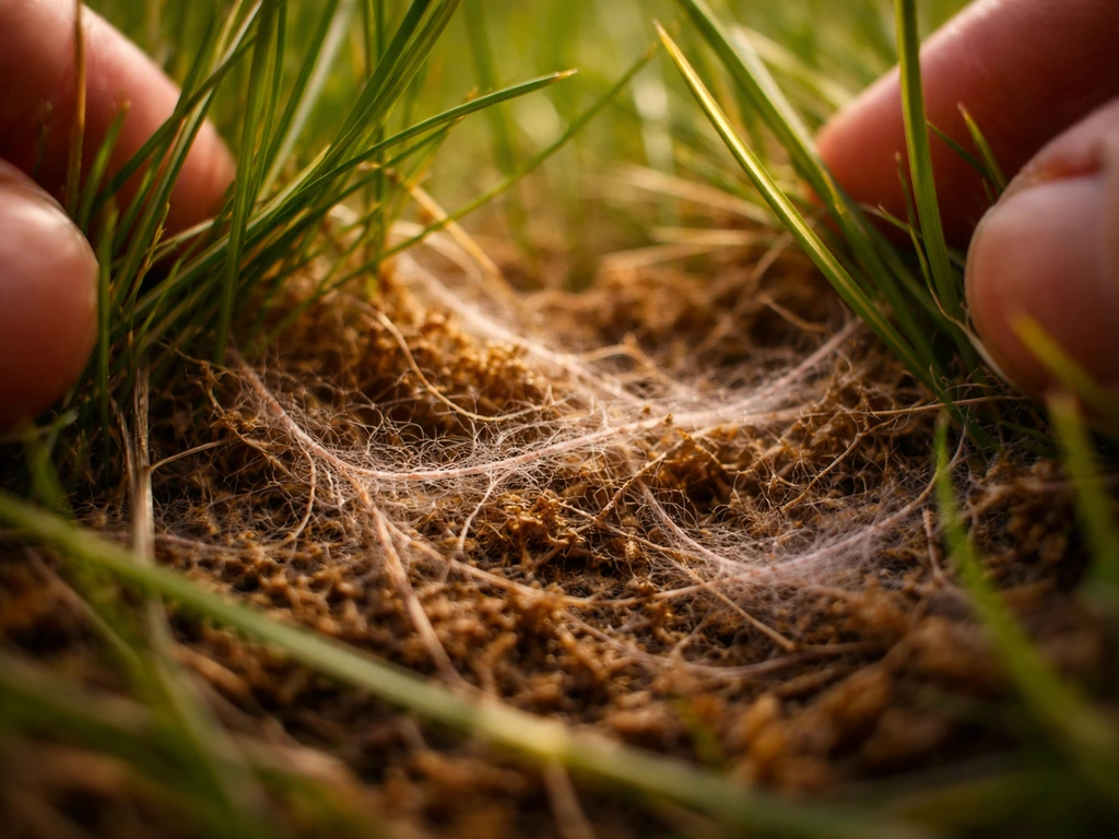 Gros plan du chaume au ras du sol avec filaments mycéliens blancs et rosés entre les brins d’herbe.