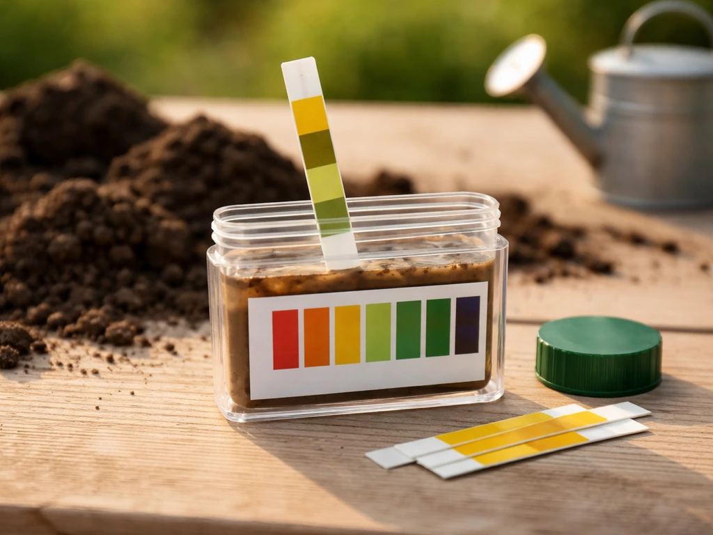 Gros plan sur un kit de test de pH du sol avec bandelette trempée, prêt à mesurer avant d’épandre la cendre.
