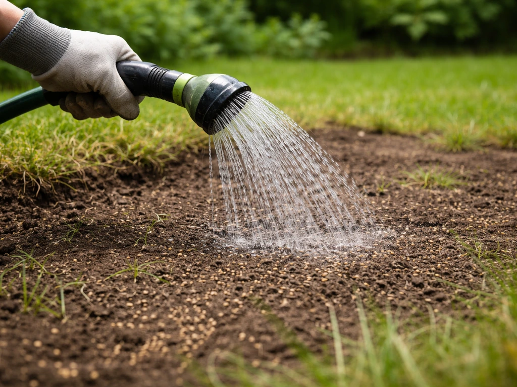 Graine de gazon visible dans le sol après semis, arrosage doux au jet depuis un arroseur de jardin.