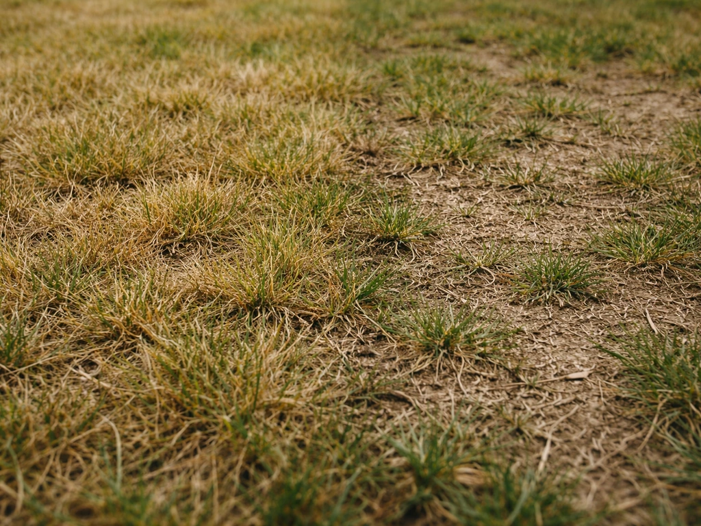 Gros plan sur une pelouse : plaques jaunies et zones plus sèches avec sol visible, montrant une différence nette.