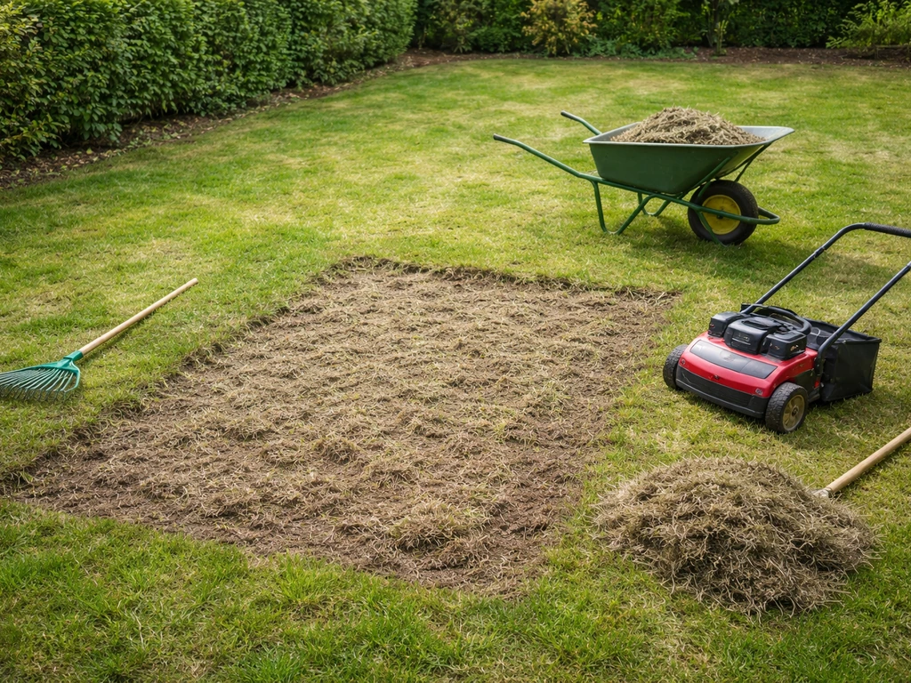 Pelouse scarifiée : feutre soulevé et sol apparent, avec outils de jardin près de la zone préparée.