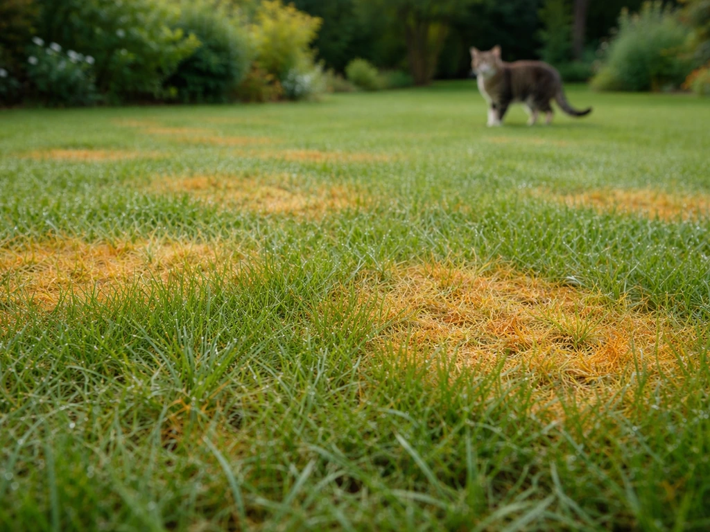 Pelouse avec zones jaunies et traces orangées de rouille, chat au loin, vue au ras du sol.