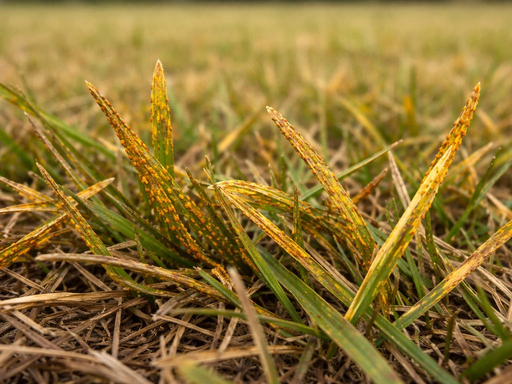 Gros plan de brins d’herbe brun-rouille avec une pelouse jaunie en arrière-plan, évoquant la rouille.