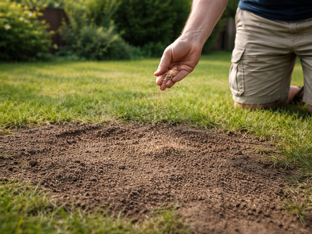 Main qui sursemie une pelouse clairsemée, graines légèrement recouvertes de terre fine, jardin en reprise.