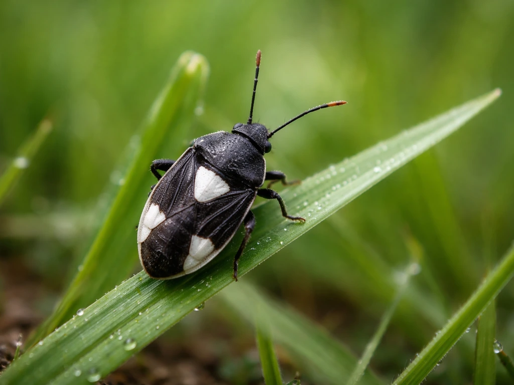 Macro d’une punaise de céréales noire avec ailes partiellement blanches et tache blanche sur le dos, sur une herbe.