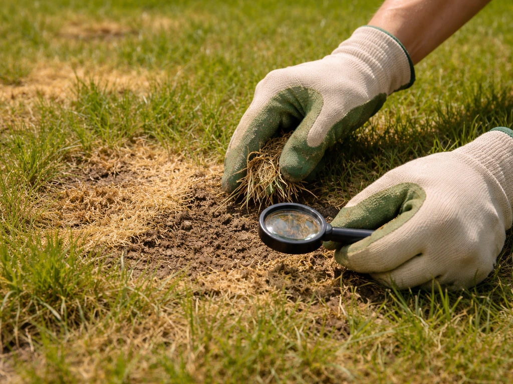 Main gantée examine une pelouse ensoleillée avec une petite loupe sur des plaques jaunâtres et brunes.
