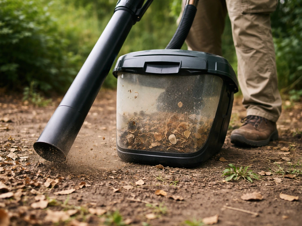 Aspirateur de jardin aspirant des débris et petits insectes dans un bac de collecte sur une zone du jardin.