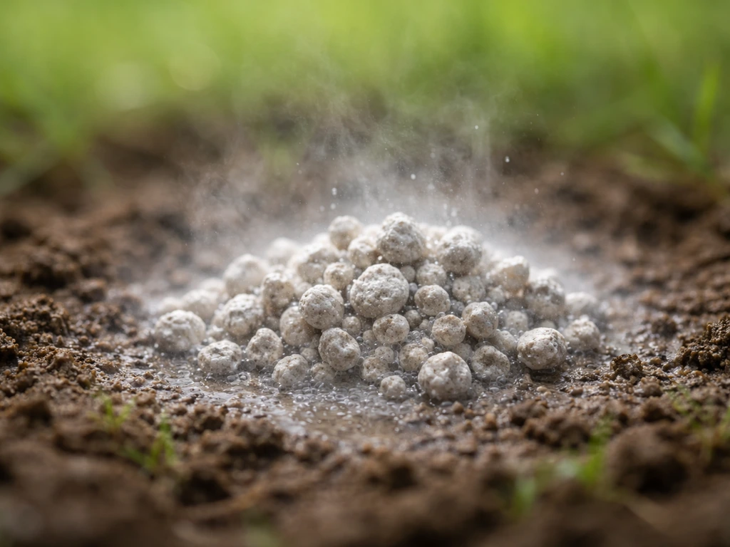 Gros plan de granulés calcaires sur sol humide, se dissolvant et libérant de fines bulles.