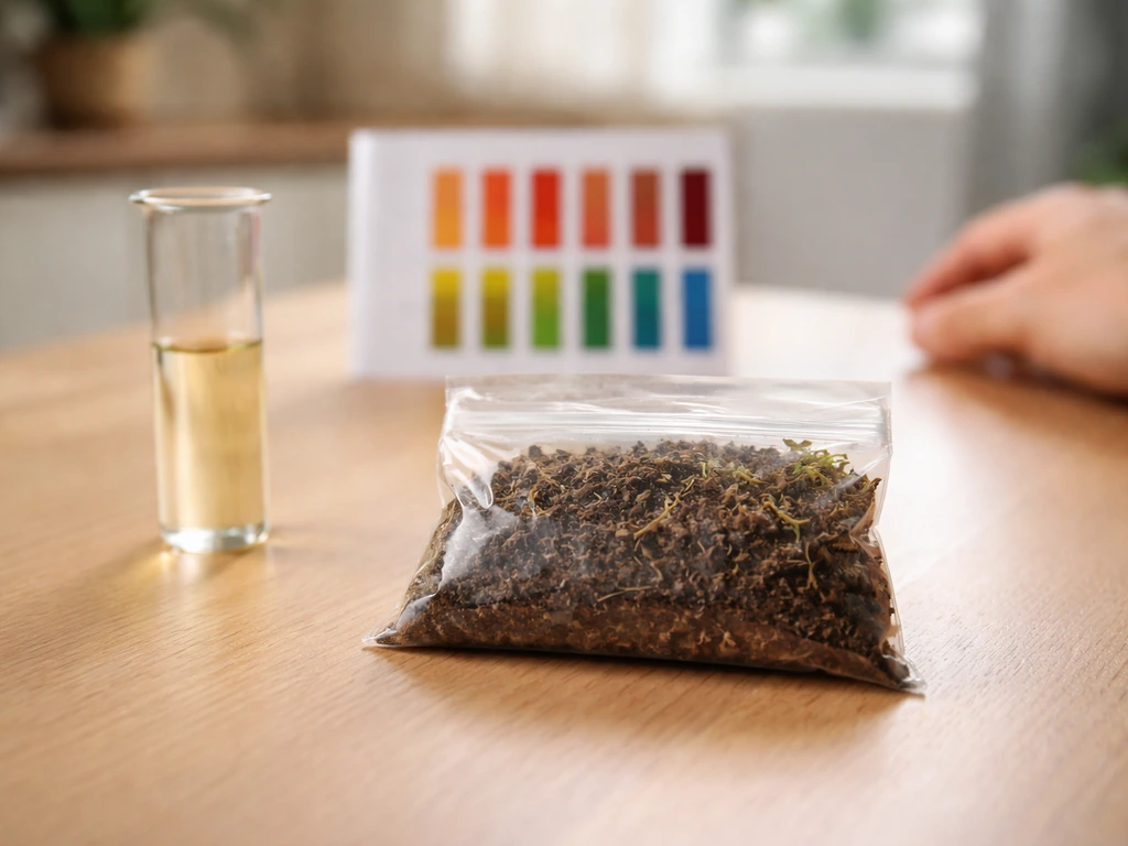 Kit d’analyse de sol avec échantillon de terre et lecture de pH sur échelle colorimétrique