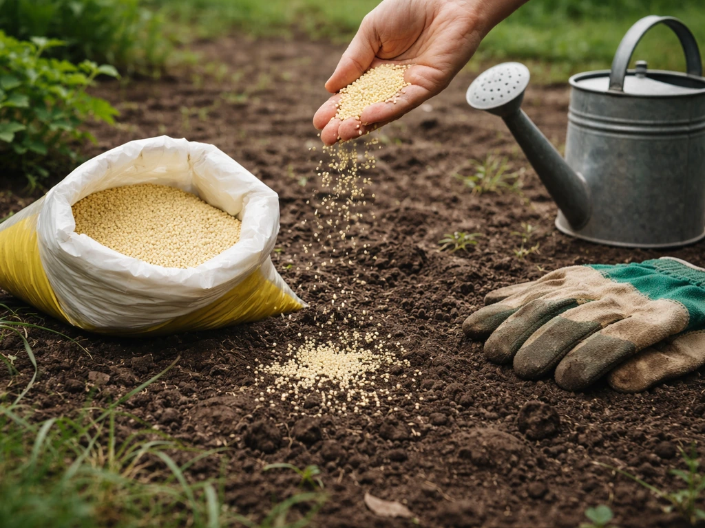 Sac de granulés de soufre au sol avec gants et arrosoir, épandage manuel près d’un potager.
