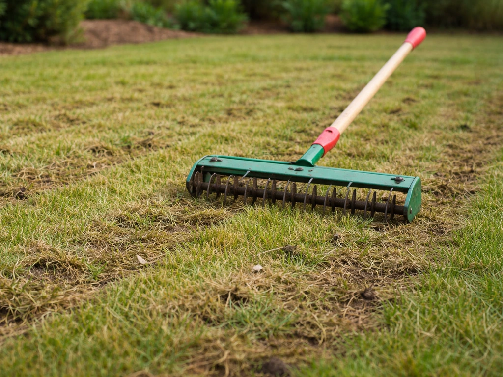 Scarificateur sur une pelouse où le chaume a été retiré, sillons d’aération visibles, jardin minimal.