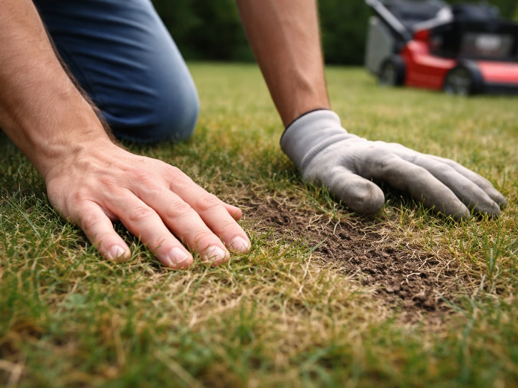 Deux mains inspectent l’herbe et le sol d’une pelouse, avec une tondeuse floue en arrière-plan.